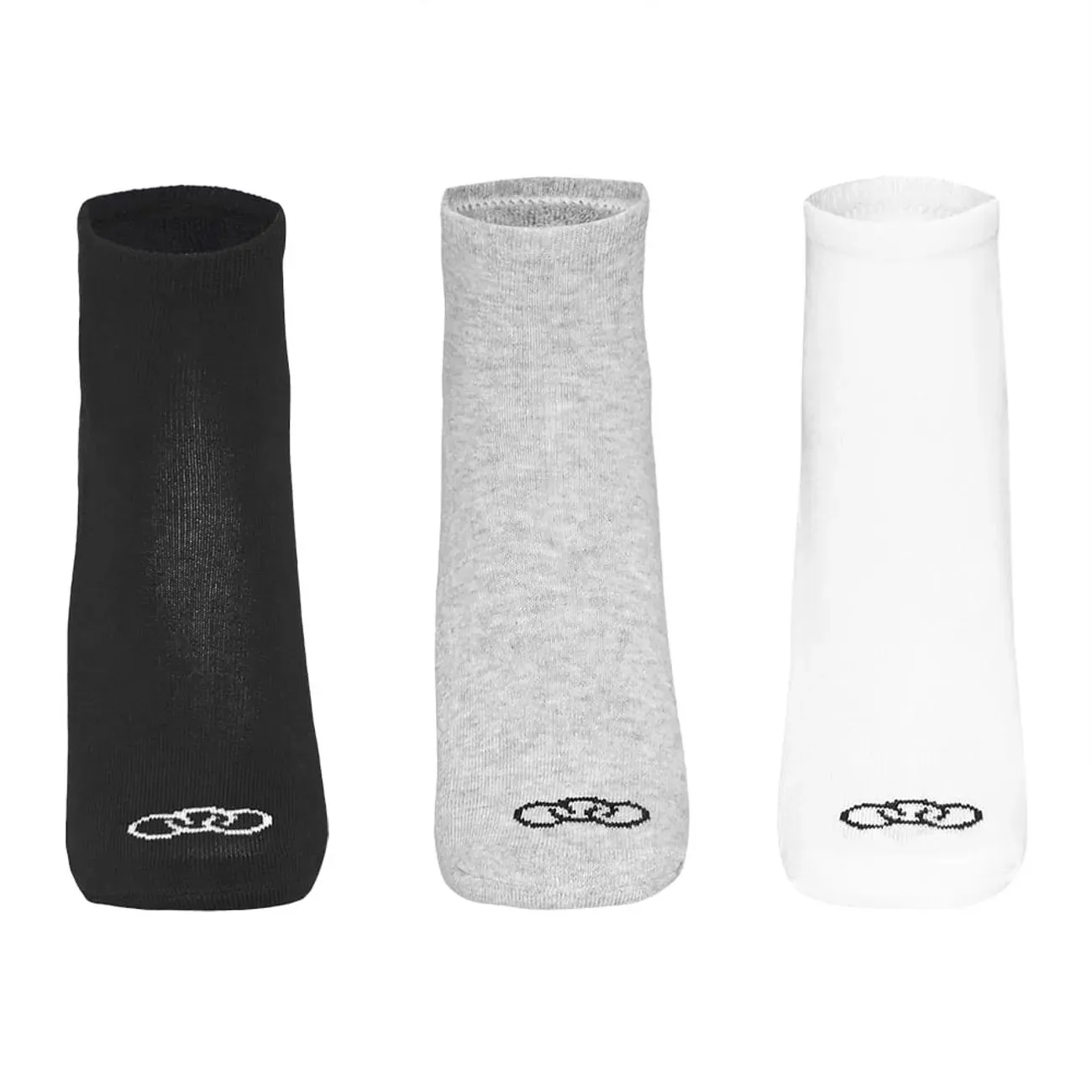 Três meias masculinas Olympikus cano baixo nas cores branco, preto e mescla exibidas lado a lado